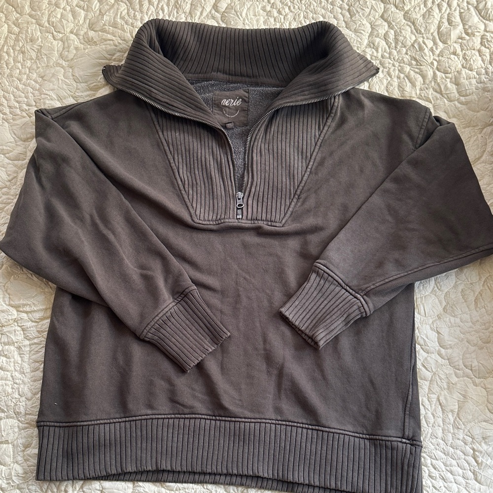Aerie Half-Zip Ribbed Collar Sweatshirt - Dark Green